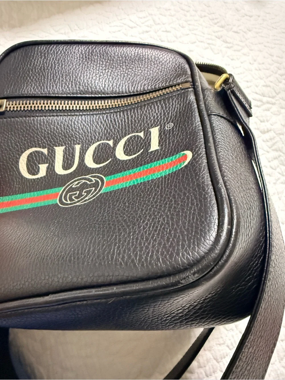 Gucci Black Leather Messenger Bag with Green-Red Web Stripe